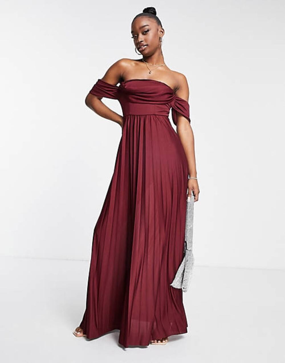 ASOS Draped Neck Off Shoulder Pleated Maxi Dress Size 10 Burgundy NEW